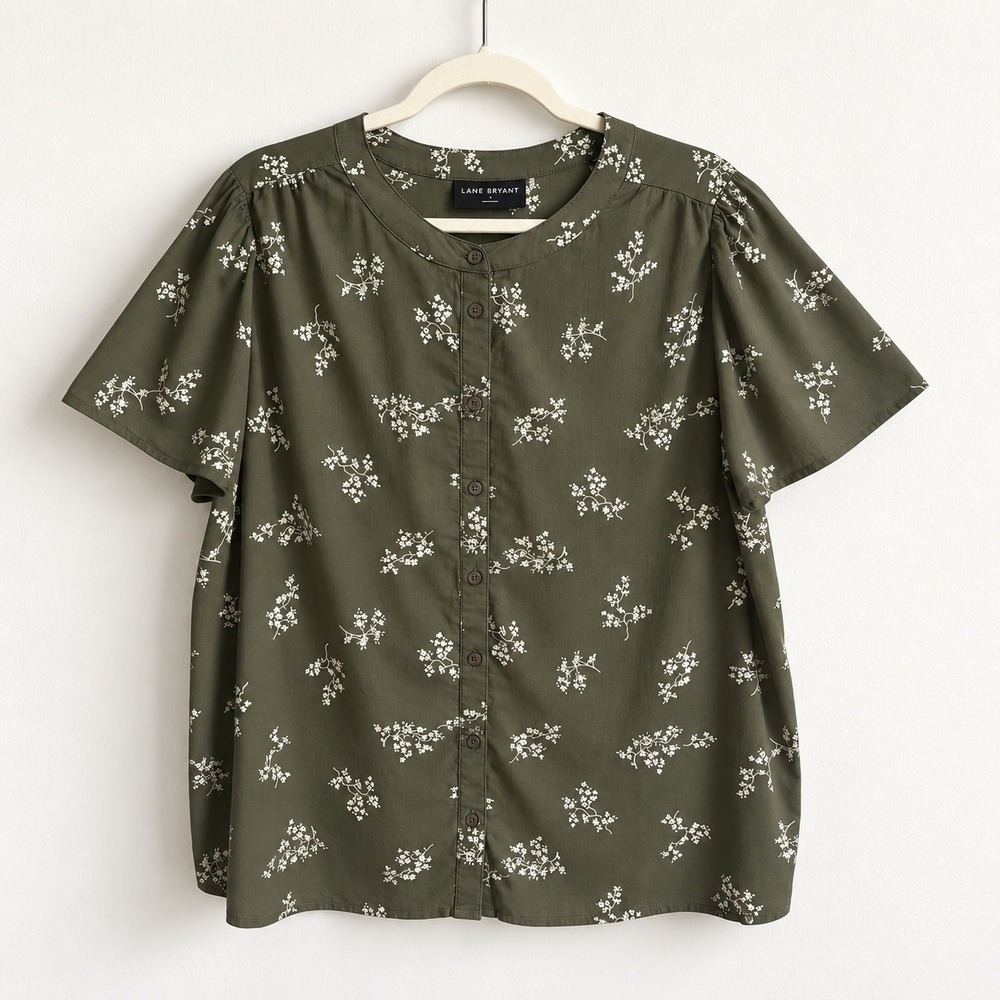 Lane Bryant Floral Top Women's 14 Sage Green Cream 100% Cotton Cottage Feminine